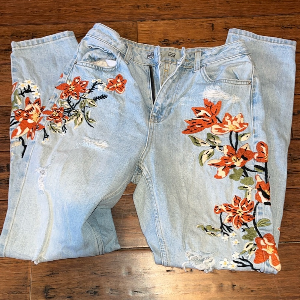 Topshop Light Blue Floral Embroidered Boyfriend Jeans
